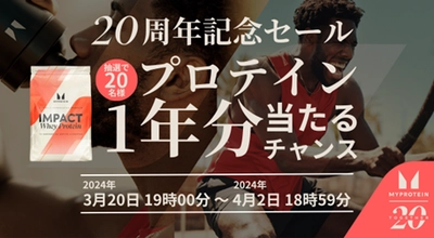 マイプロテインにて、ブランド誕生20周年を記念して 抽選で20名様へプロテイン約1年分をプレゼントする キャンペーンを開催中