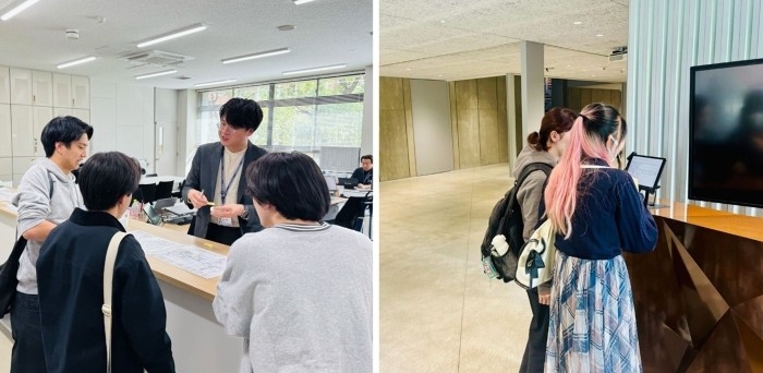 現在の学部窓口の様子(左)/情報学部の「オンライン窓口」の様子(右)