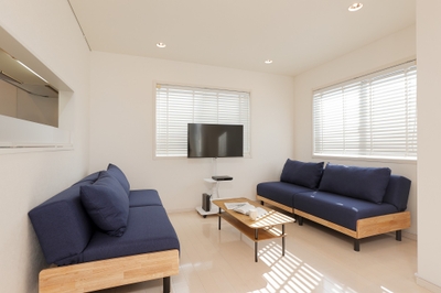 ソファベッドになるゆったりとしたソファを完備。TVではNetflixを視聴可能。