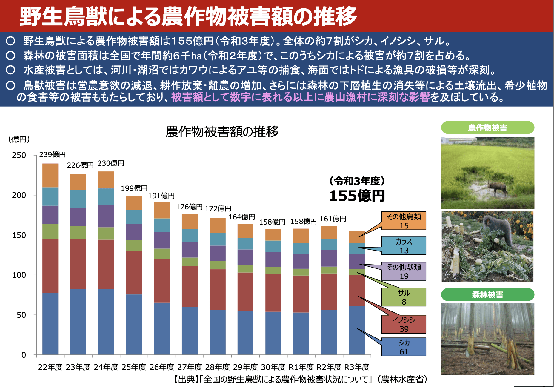 野生鳥獣による農作物被害額の推移(出典 農村振興局 鳥獣対策・農村環境課 鳥獣対策室より)