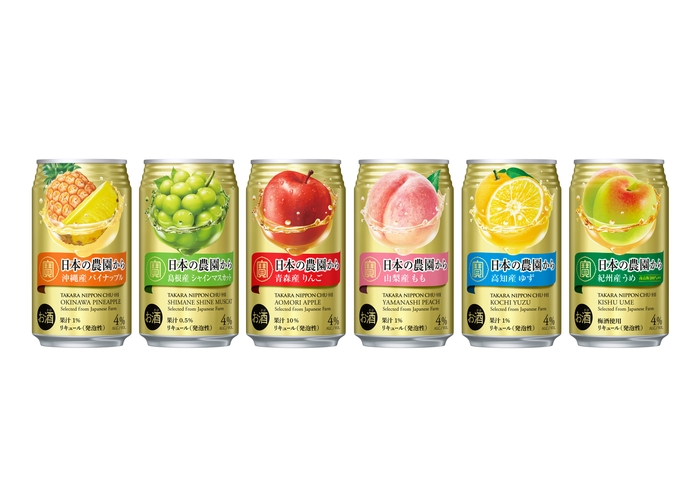 左から、新発売の<沖縄産パイナップル><島根産シャインマスカット> <青森産りんご><山梨産もも><高知産ゆず><紀州産うめ>