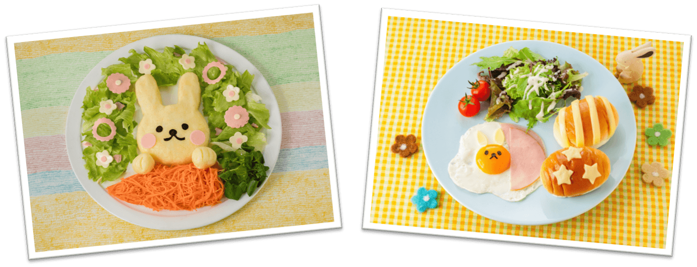 ㊧うさぎとキャロットラペのイースターサラダ ㊨うさぎのハムエッグモーニングプレート