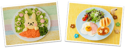 ㊧うさぎとキャロットラペのイースターサラダ　㊨うさぎのハムエッグモーニングプレート