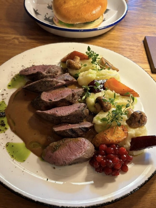 レストランで食べた鹿肉ステーキ。美味しかったけど、6000円ほどして高かった……