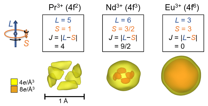 図1:ランタノイド元素(Pr、Nd、Eu)の周りに存在する価電子密度分布
