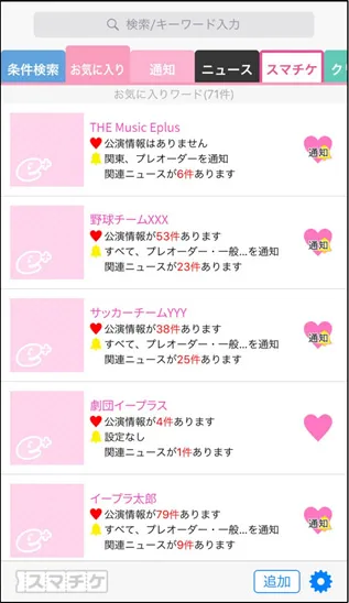 「e+アプリ」お気に入りタブ