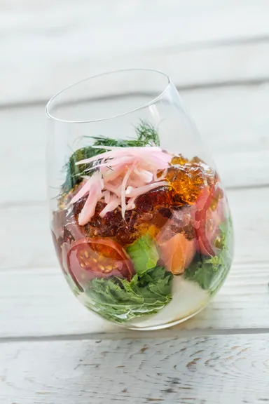 豆腐とサーモンのジュレかけ新生姜添え