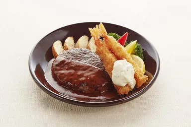 和牛の旨み！豪州産プレミアムビーフ100％ハンバーグ＆海老フライ（デミグラスソース）