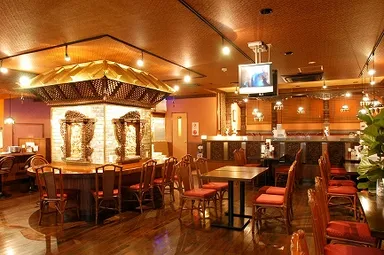 ネパールの寺院のような店内でヴァイオリンを