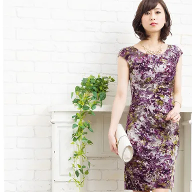 不二子ワンピ(一分袖)　“Luxury Botanical” Purple