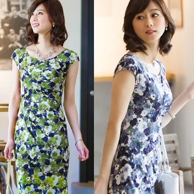 不二子ワンピ(一分袖)　“Nostalgic Flower”Blue ＆Green