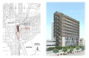 左：「西宮北口阪急ビル」計画位置図　／　右：外観イメージパース（阪急西宮ガーデンズ方面から望む）
