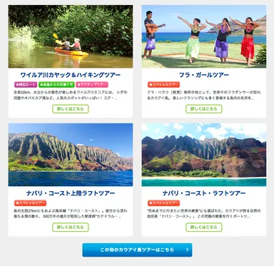 カウアイが誇る絶景を贅沢にめぐるオリジナルツアーがいっぱい。写真も充実しており、ホームページを訪れるだけで旅の気分が盛り上がります。