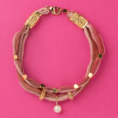 パールシルクリボンピンクブレスレット