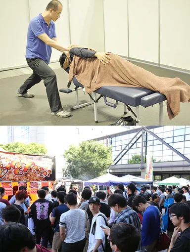 疲れを癒すマッサージ処(上)／飲食が楽しめる屋台(下)