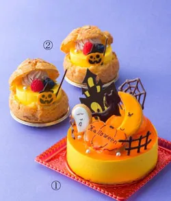 （1）ハロウィン・ケーキ　（2）ハロウィン・シュークリーム