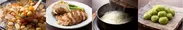 （左から）芋煮、もち豚のロースト、登米産 ひとめぼれ、おはぎ ずんだあん