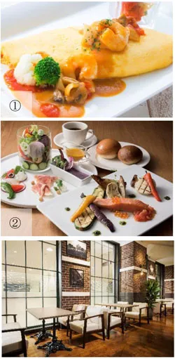 （上から）オムライス、ランチセット、レインボー店内