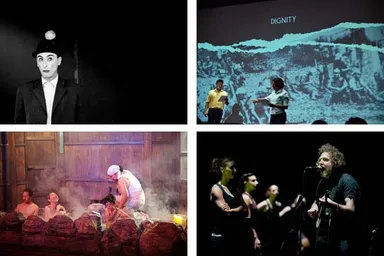 左上：バカラクラウン「ぷすぷす」　右上：マーク・テ「Baling(バリン）」　　左下：庭劇団ペニノ「地獄谷温泉 無明ノ宿」　右下：マーティンクリード「Work No.1020(バレエ）」