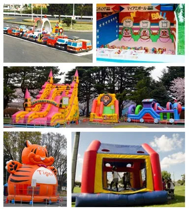 左上：乗り物(キッズ・カー)／右上：ゲーム／中央：ふわふわ滑り台／下(2点)：キッズ遊具