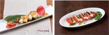 (左)「やさい家めい 六本木ヒルズ店」豆乳チーズと蓮根のはさみ揚げ はちみつかけ　(右)「Vittorio Pomodoro Tsukiji」完熟フルーツトマトとソイチーズの焼きカプレーゼ