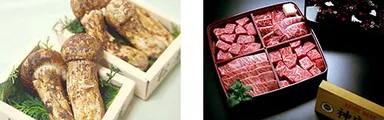 国産松茸(左)　／　神戸牛　焼肉懐石(右)