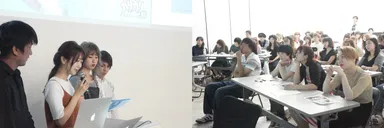 企画制作したビジュアルをプレゼンする授業時の画像