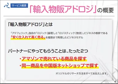 輸入物販アドロジ 概要