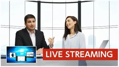 映像合成例：PinP(左下子画面)とキー合成(右下字幕)により、3つの映像を1画面に合成する本格的な演出も可能