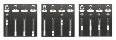 オート・ミキシング機能の内部処理イメージ：音声入力を感知し、入力のあったチャンネルのみフェーダーを上げます。