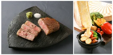 左：「溶岩石グリル」熟成プライム牛ロースのグリル、右：「ラクレット」