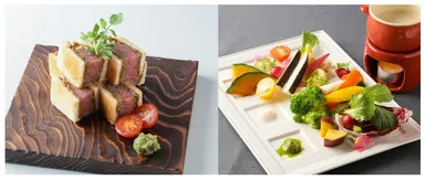 左：牛フィレ肉のカツサンド、右：季節野菜のバーニャカウダ