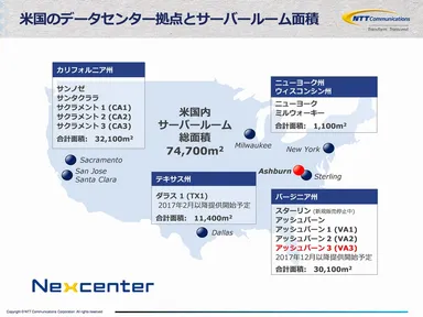 (別紙1)米国のデータセンター拠点とサーバールーム面積