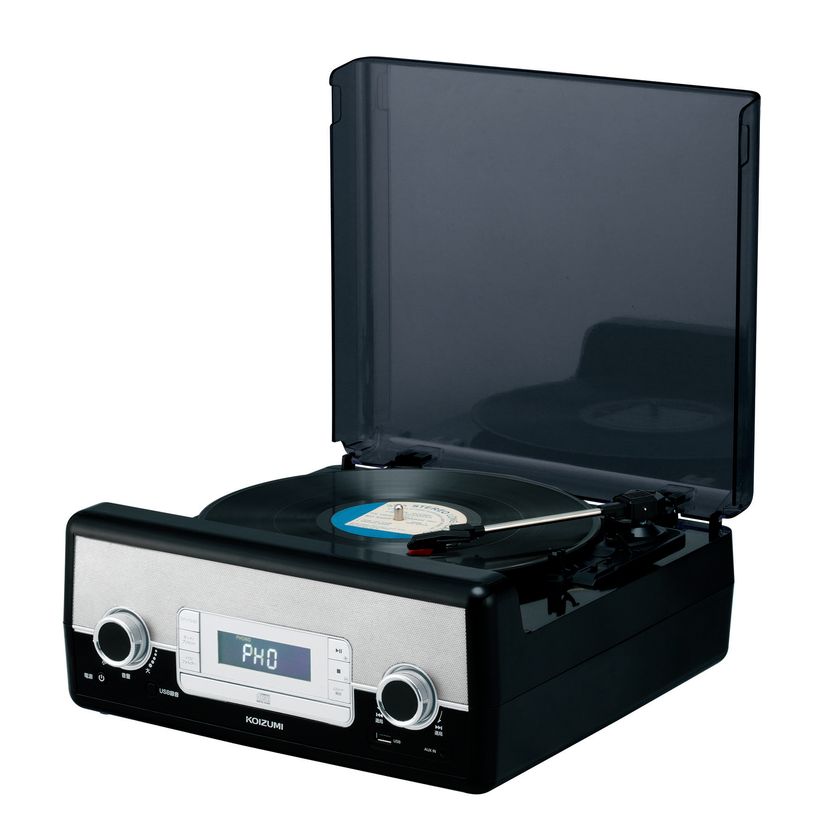 レコード、CD、FMラジオが一体に。
しかもスピーカーも内蔵と機能満載！
ターンテーブルシステムの「マルチレコードプレーヤー」を新発売