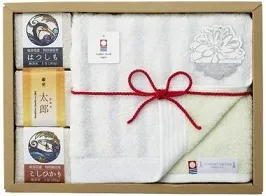 名入れおたすけキューブ米＆今治認証タオルセット(リングブルー)