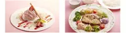 （左から）兵庫県産いちごのハニーモンブラン、ポークとやまみつマッシュポテトのオーブン焼き ～いちごと春の野菜畑～