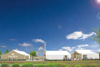 サーカステントを連想させる3つの小屋