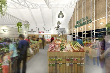 精肉カウンター、地産地消の直売所エリア