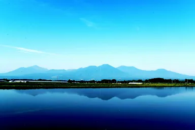 田植え時期には、水田に霧島山が映える