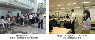 肺年齢チェックは喫煙者・非喫煙者を問わずに実施（左）、月2回、ノー残業デーパトロールを会社と労働組合で実施