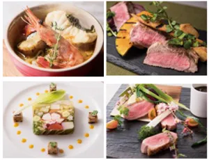 （左上）魚介のブイヤベース（右上）和風ステーキフリット（左下）オマール海老と真鯛のモザイク （右下）国産鴨と彩り野菜の杉板焼き