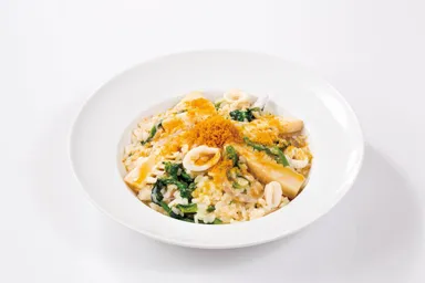 イカとタケノコのうにクリームリゾット ～ボッタルガ(からすみ)仕上げ