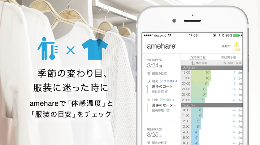 季節の変わり目、服装に迷った時に！
天気予報アプリ『amehare』から
「体感温度」と「服装の目安」機能をリリース