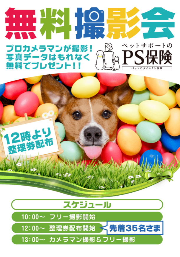 イースターのスタジオセットで、愛犬の記念写真を
プロカメラマンが無料撮影！
ペット保険の「PS保険」が代々木公園で開催の
愛犬家向けイベント(4/15、16)に出展！
