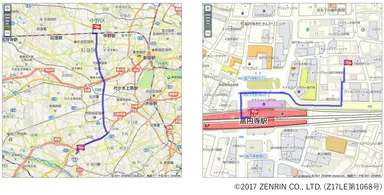 左：駅から会社への徒歩経路の表示例、右：自宅から会社への自動車経路の表示例