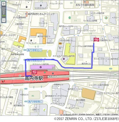 自宅から会社への自動車経路の表示例