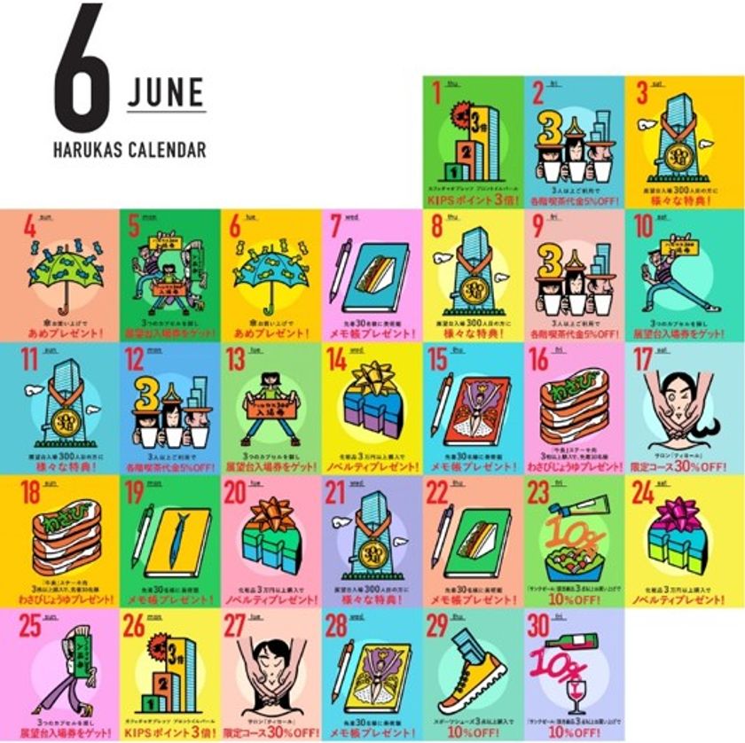 【近鉄不動産】
あべのハルカス３周年イベント　第４弾！！
「毎日が３デー。」
６月は、毎日３のつくおトク。