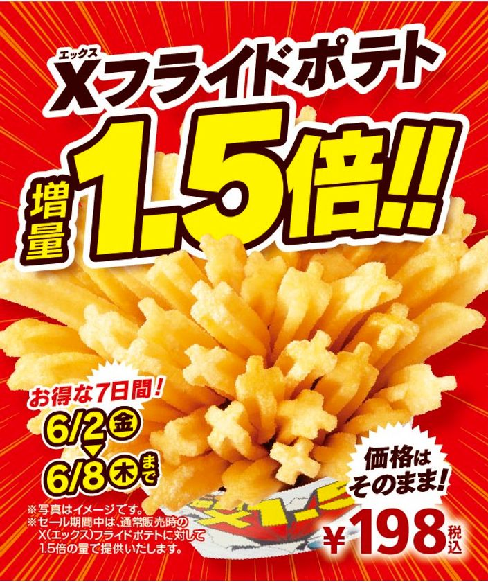 お得な7日間限定
人気のX(エックス)フライドポテト
価格はそのまま1.5倍増量!!