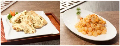 豚ロース肉のパッションマヨネーズ和え / 海老の蟹みそ炒め