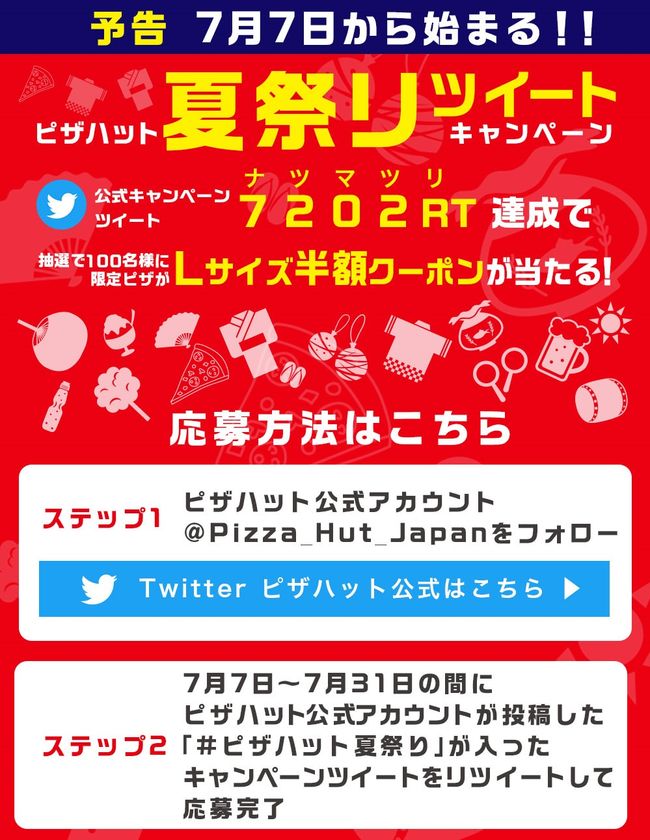 7月7日からTwitterでお得なクーポンゲット！
「ピザハット夏祭リツイート」キャンペーンで
７２０２(ナツマツ)RT(リツイート)達成しよう！